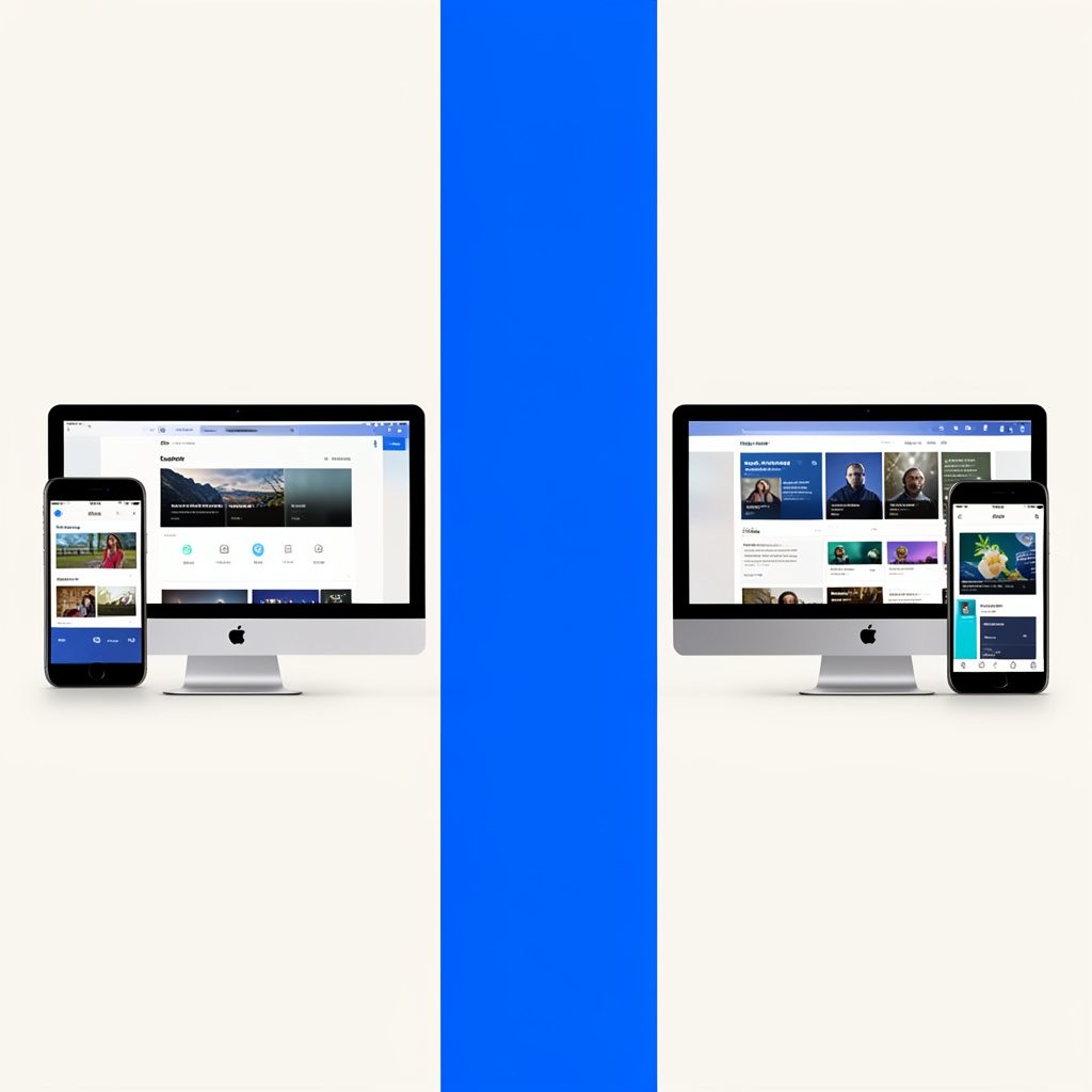 Illustration montrant des écrans d'ordinateur et de téléphone disposés symétriquement sur un fond clair, évoquant la diversité des plateformes couvertes